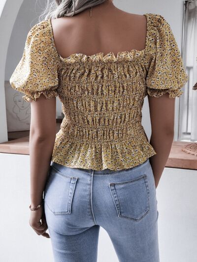 Frill Smocked Square Neck Short Sleeve Blouse - Charming Charlie