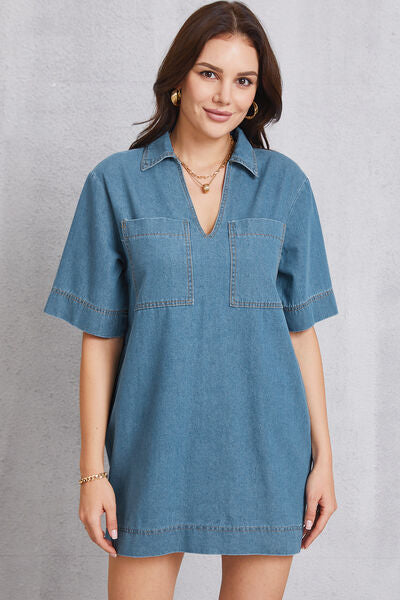 Pocketed Collared Neck Mini Denim Dress - Charming Charlie