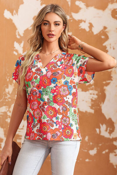 Printed Notched Short Sleeve Blouse - Charming Charlie