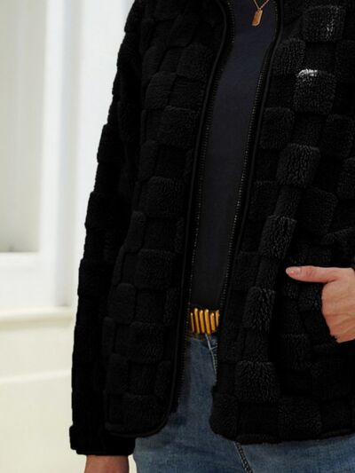 Fuzzy Checkered Zip Up Jacket - Charming Charlie