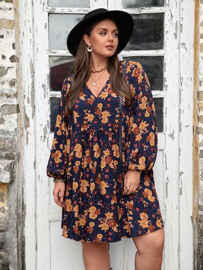 Plus Size Floral V-Neck Balloon Sleeve Dress - Charming Charlie