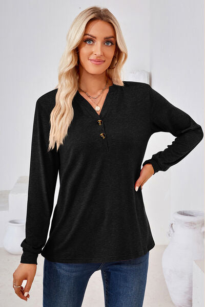 Notched Button Detail Long Sleeve T-Shirt - Charming Charlie