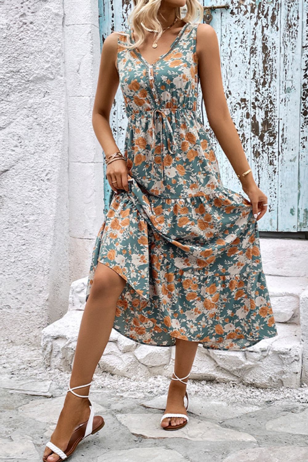 Floral V-Neck Tiered Sleeveless Dress - Charming Charlie