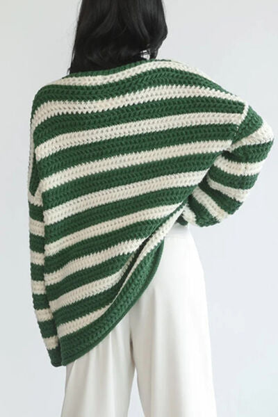 Striped Round Neck Dropped Shoulder Sweater - Charming Charlie