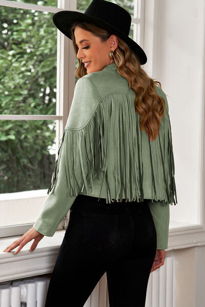 Fringe Trim Lapel Collar Cropped Blazer - Charming Charlie