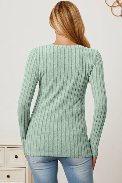 Basic Bae Full Size Ribbed V-Neck Long Sleeve T-Shirt - Charming Charlie