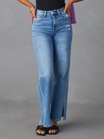 Slit Buttoned Jeans with Pockets - Charming Charlie
