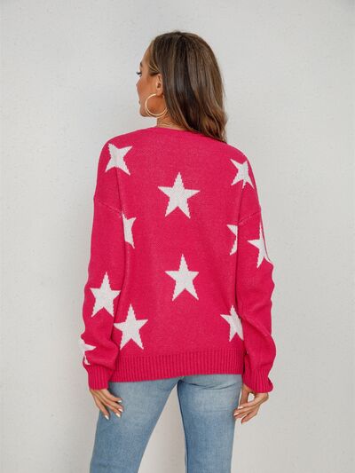 Star Round Neck Dropped Shoulder Sweater - Charming Charlie