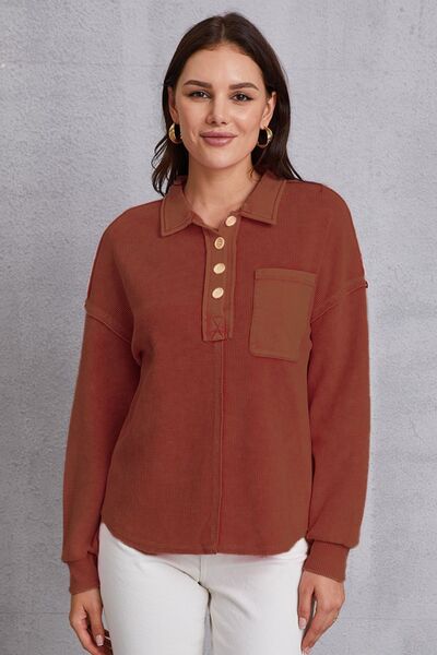 Quarter Button Dropped Shoulder Sweatshirt - Charming Charlie