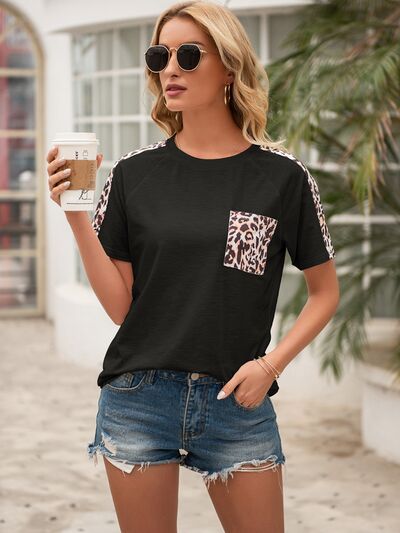 Pocketed Leopard Round Neck Short Sleeve T-Shirt - Charming Charlie