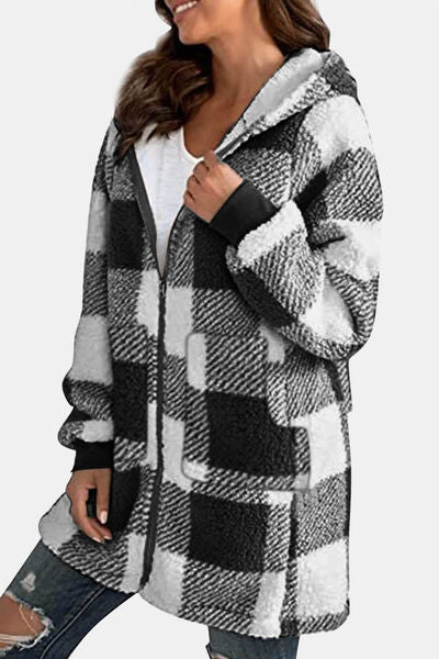 Double Take Full Size Plaid Long Sleeve Hooded Coat - Charming Charlie