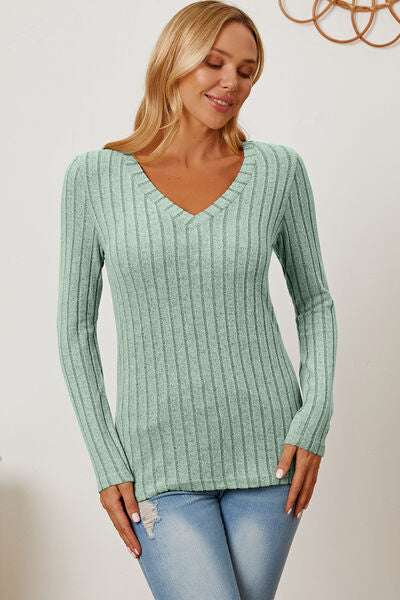 Basic Bae Full Size Ribbed V-Neck Long Sleeve T-Shirt - Charming Charlie
