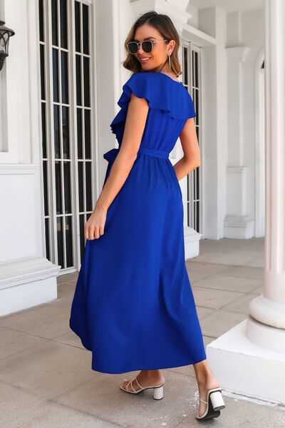 Ruffled Surplice Tie Waist Slit Midi Dress - Charming Charlie