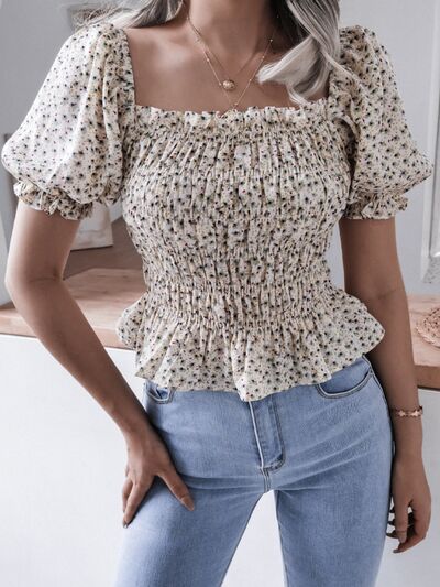 Frill Smocked Square Neck Short Sleeve Blouse - Charming Charlie