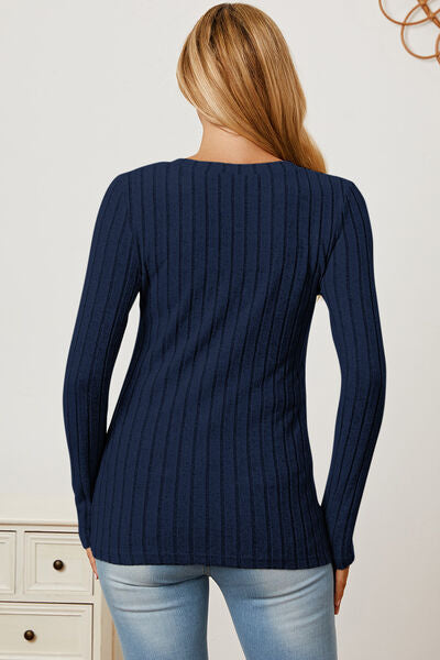 Basic Bae Full Size Ribbed V-Neck Long Sleeve T-Shirt - Charming Charlie