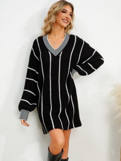 Striped V-Neck Long Sleeve Mini Dress - Charming Charlie