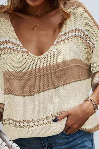 Color Block V-Neck Dropped Shoulder Sweater - Charming Charlie