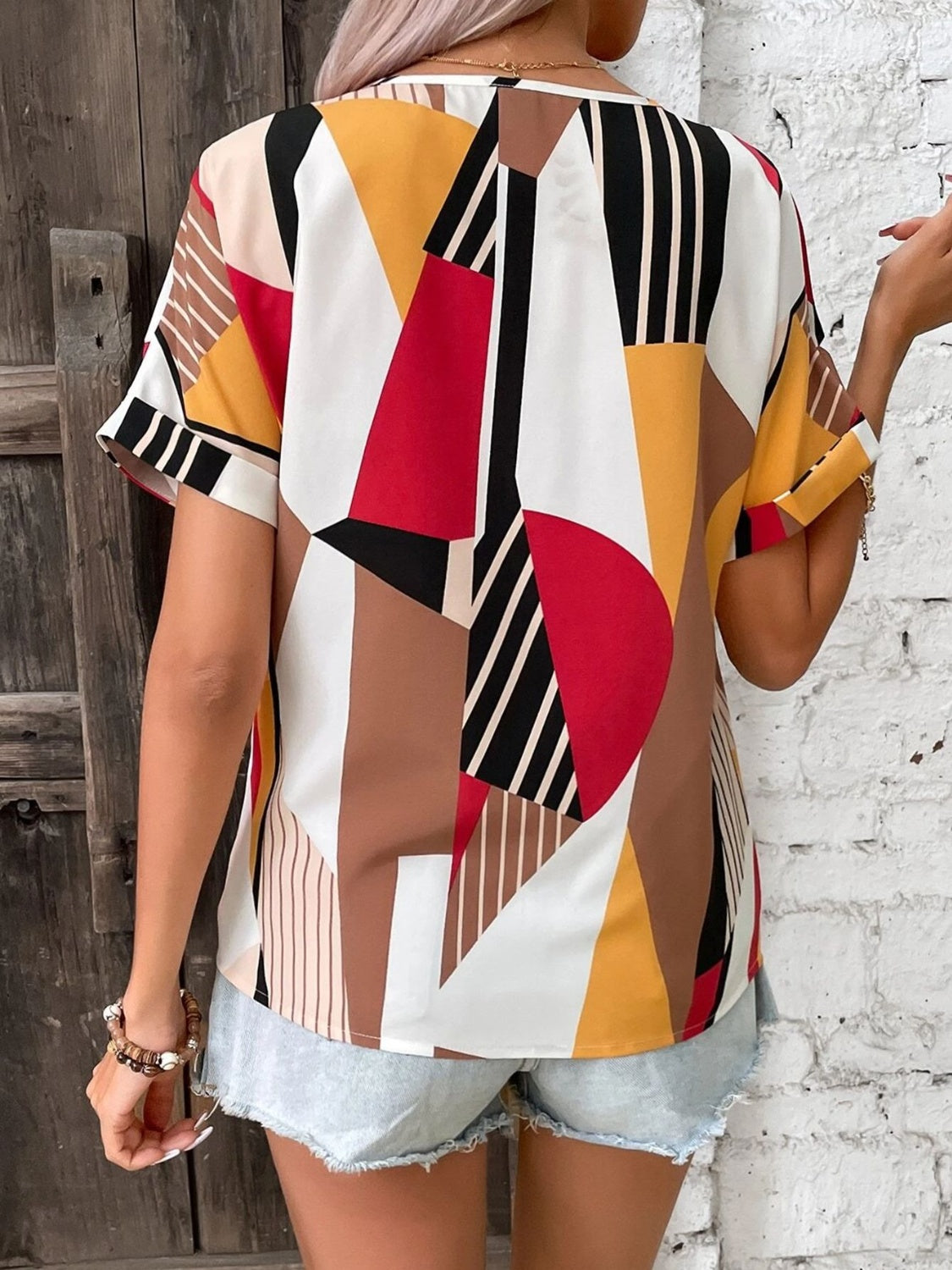 Printed V-Neck Short Sleeve Blouse - Charming Charlie