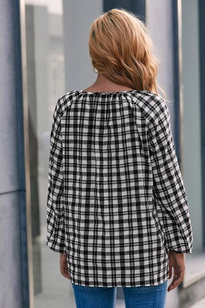 Plaid Tie Neck Balloon Sleeve Blouse - Charming Charlie