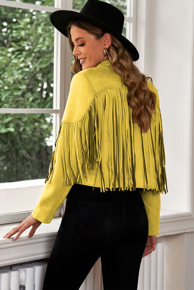 Fringe Trim Lapel Collar Cropped Blazer - Charming Charlie