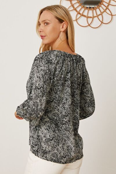 Printed Tie Neck Lantern Sleeve Blouse - Charming Charlie