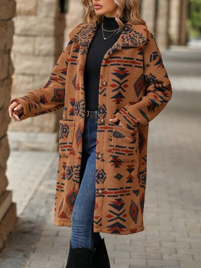Geometric Pocketed Dropped Shoulder Coat - Charming Charlie
