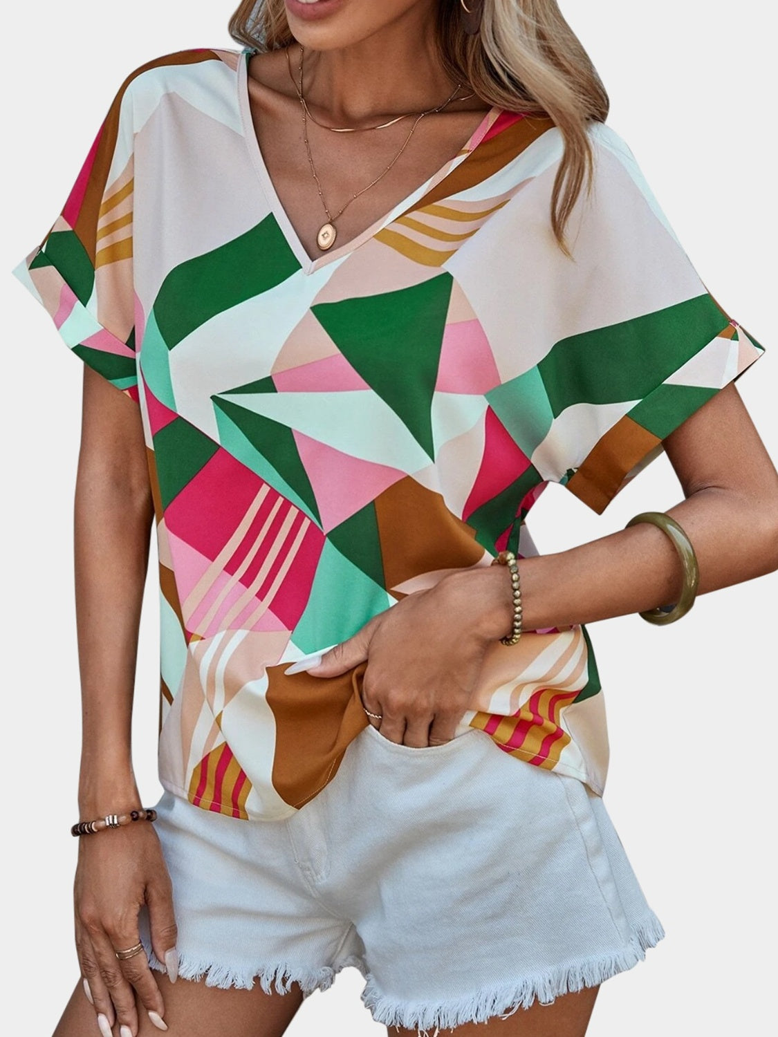 Printed V-Neck Short Sleeve Blouse - Charming Charlie