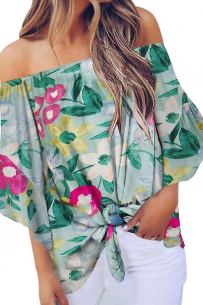 Tied Printed Off-Shoulder Half Sleeve Blouse - Charming Charlie