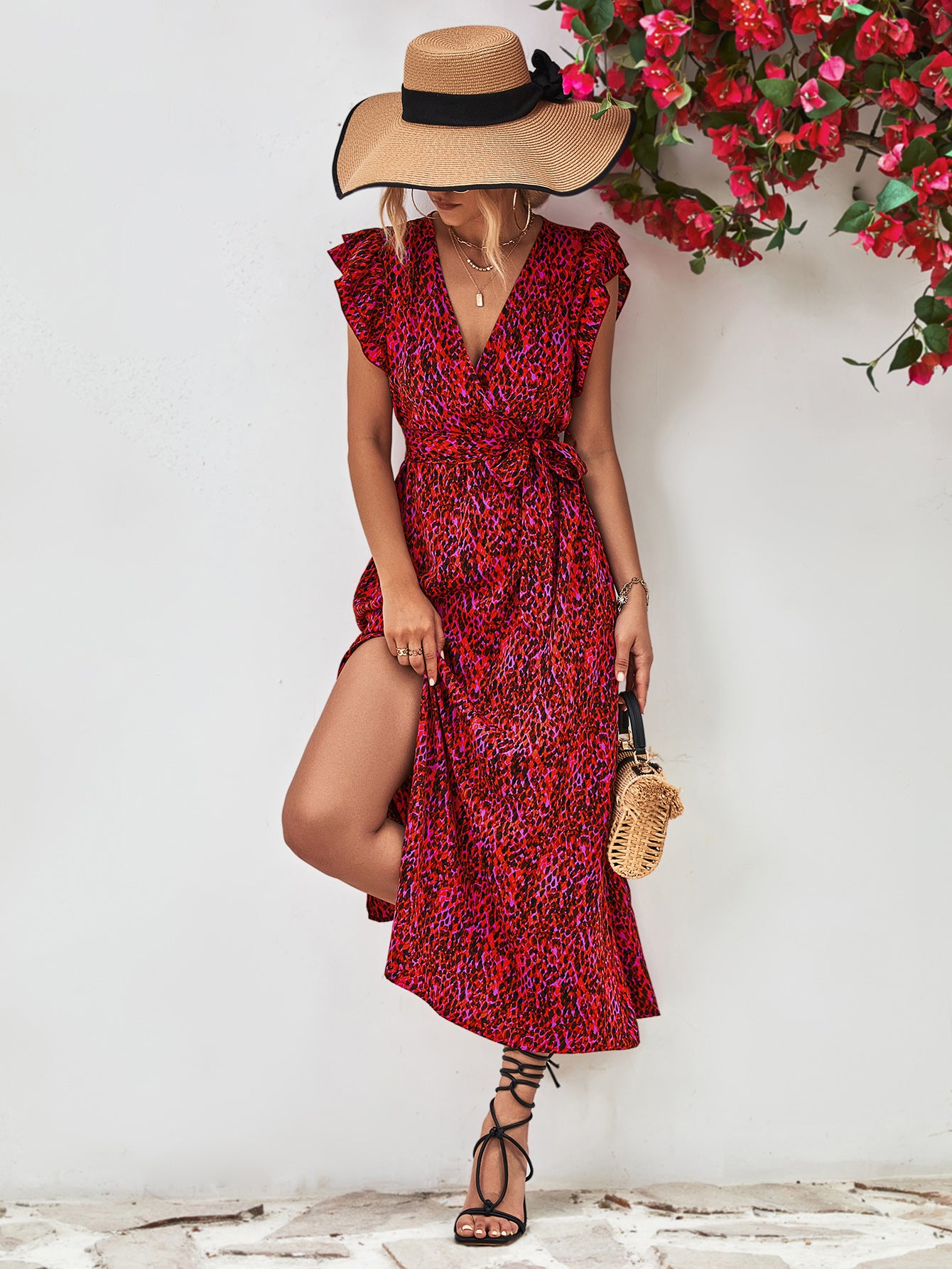 Printed Surplice Neck Flutter Sleeve Slit Dress - Charming Charlie