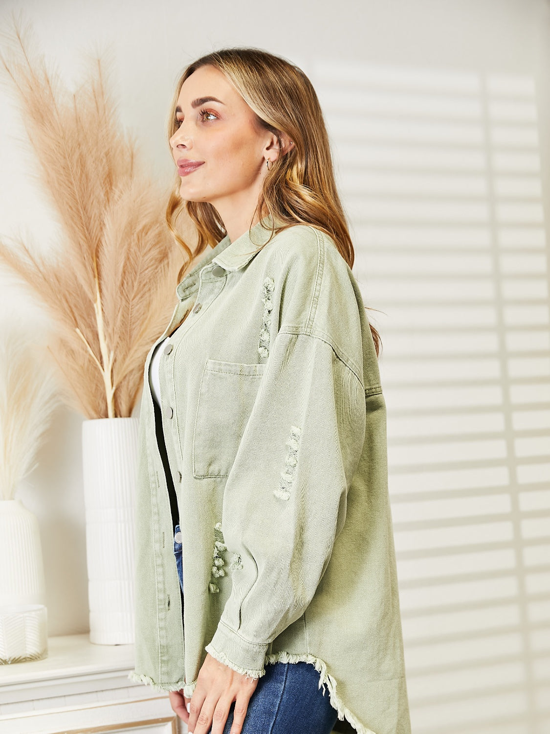 Distressed Raw Hem Denim Jacket - Charming Charlie