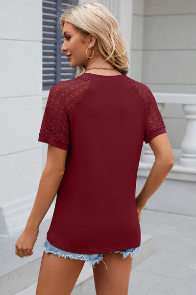 Openwork Round Neck Short Sleeve T-Shirt - Charming Charlie