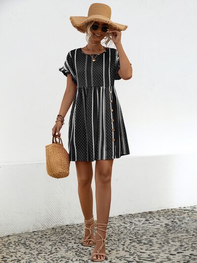 Striped Polka Dot Frill Short Sleeve Mini Dress - Charming Charlie