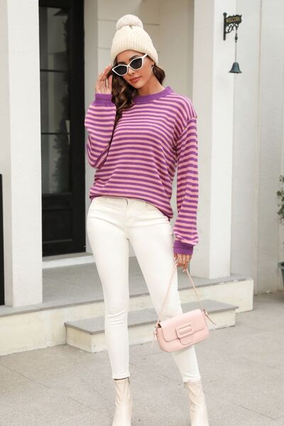 Striped Round Neck Dropped Shoulder Sweater - Charming Charlie