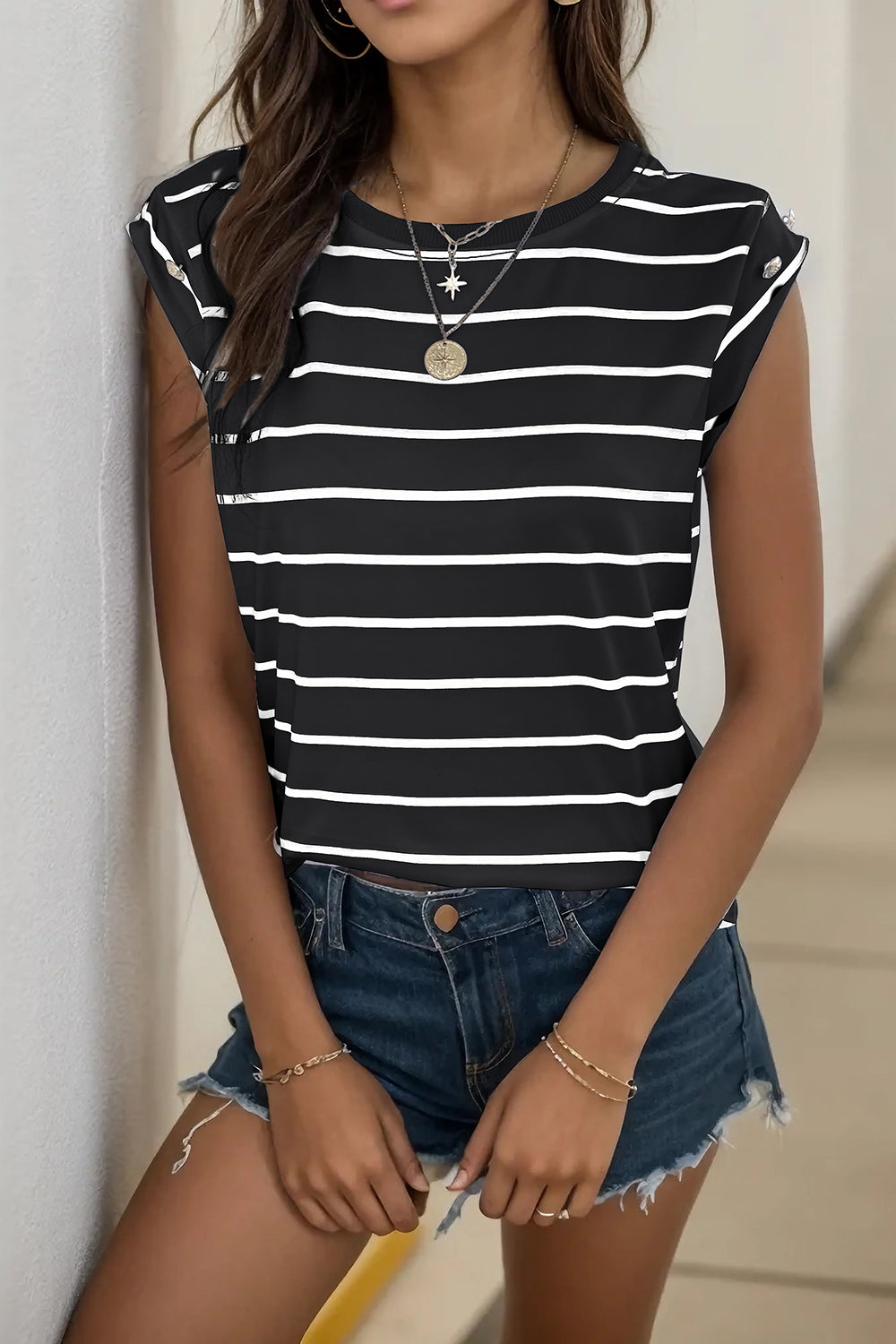 Decorative Button Round Neck T-Shirt - Charming Charlie