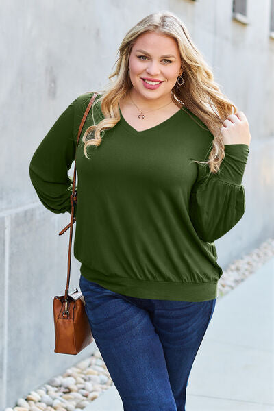 Basic Bae Full Size V-Neck Lantern Sleeve Blouse - Charming Charlie