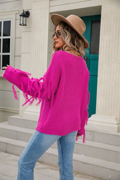 Fringe Round Neck Dropped Shoulder Sweater - Charming Charlie