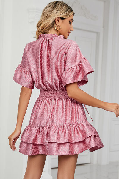 Smocked Tie Neck Flounce Sleeve Dress - Charming Charlie