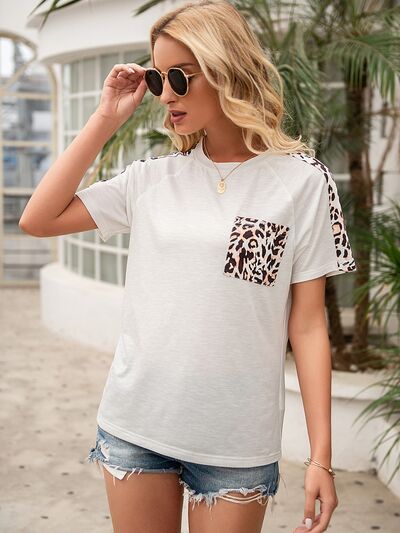 Pocketed Leopard Round Neck Short Sleeve T-Shirt - Charming Charlie