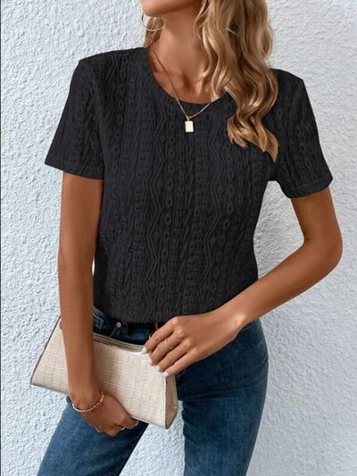 Eyelet Round Neck Short Sleeve T-Shirt - Charming Charlie