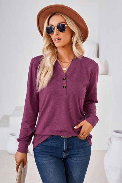 Notched Button Detail Long Sleeve T-Shirt - Charming Charlie