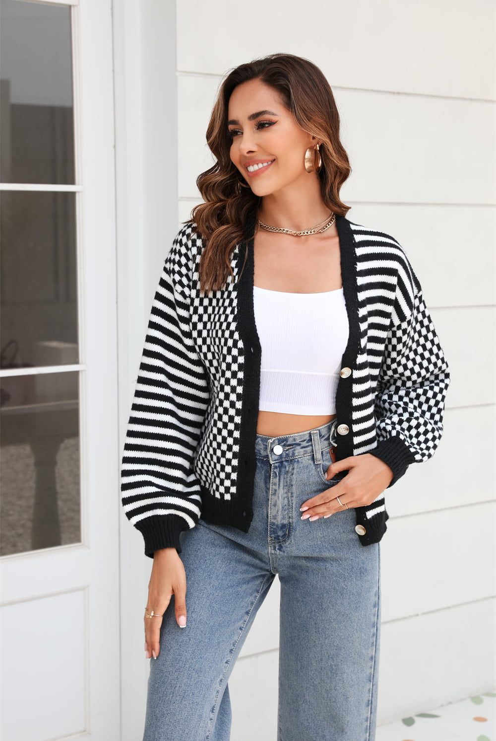 Button-Down Stripe & Plaid Contrast Pattern Cardigan - Charming Charlie