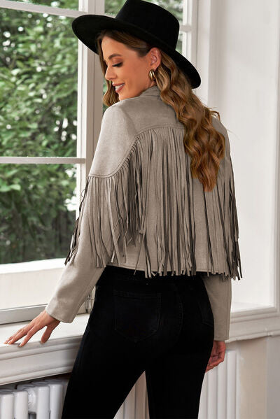 Fringe Trim Lapel Collar Cropped Blazer - Charming Charlie