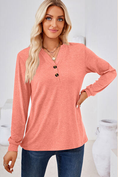 Notched Button Detail Long Sleeve T-Shirt - Charming Charlie