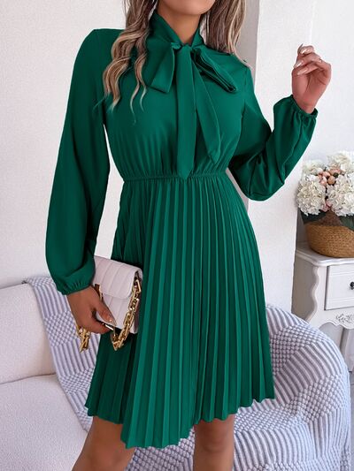 Tie Neck Balloon Sleeve Pleated Dress - Charming Charlie
