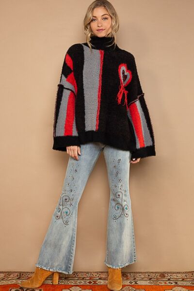POL Turtleneck Color Block Fringe Detail Sweater - Charming Charlie