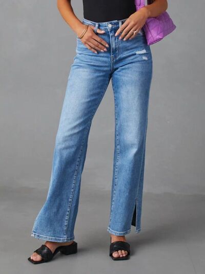 Slit Buttoned Jeans with Pockets - Charming Charlie
