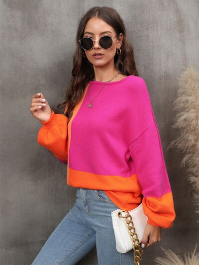 Color Block Round Neck Sweater - Charming Charlie
