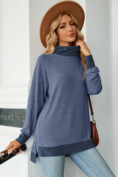 Slit Mock Neck Long Sleeve T-Shirt - Charming Charlie