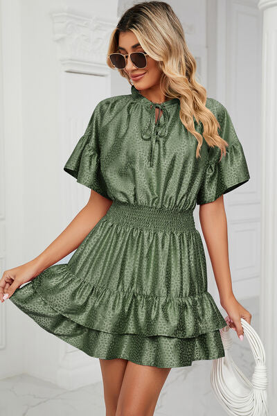 Smocked Tie Neck Flounce Sleeve Dress - Charming Charlie