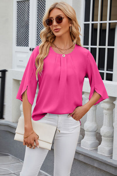 Round Neck Slit Half Sleeve Top - Charming Charlie
